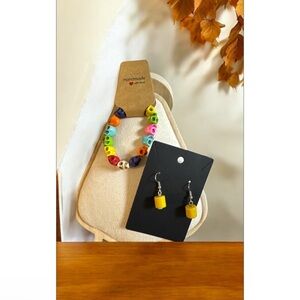 Colorful Skull Bracelet and Yellow Earrings Set